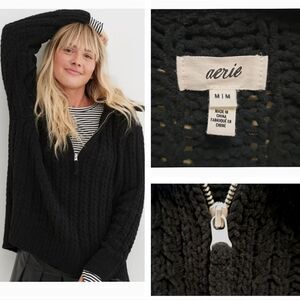 Aerie Cable Car Quarter Zip Sweater Black Chunky Open Knit Pullover Size Medium